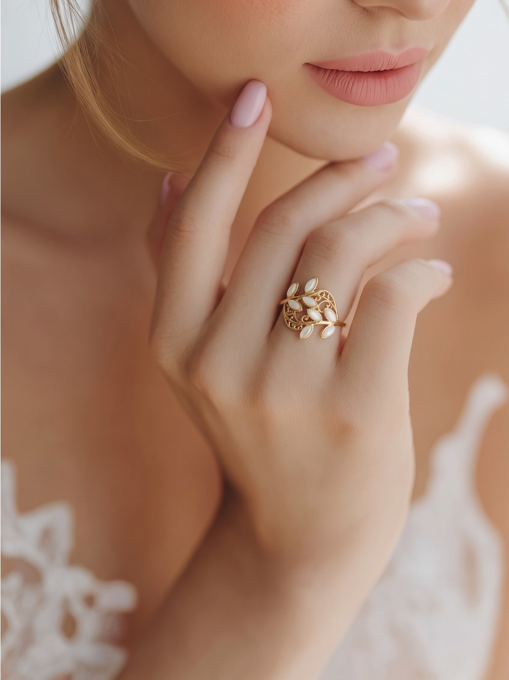 Gold Leaf mother of Pearl Accent Ring - Women Jewelry 925 Gold Tone